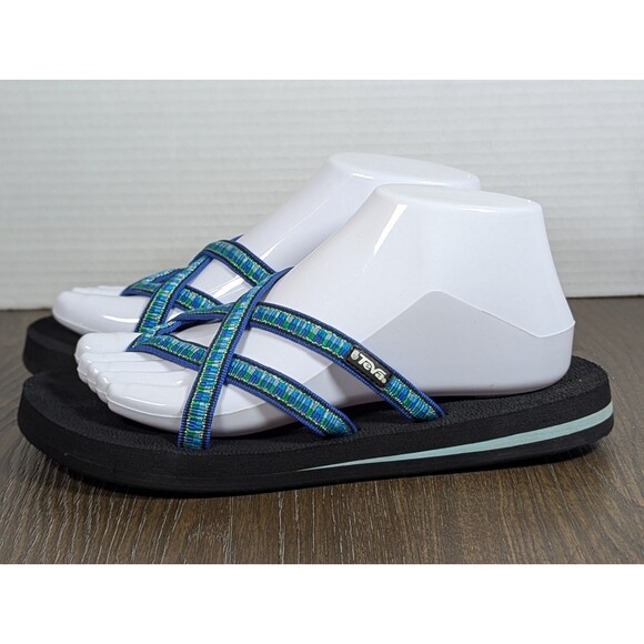 TEVA Strappy Sandals Womens 8 Blue Green Black Flip Flops Lightweight Logo - Picture 2 of 12